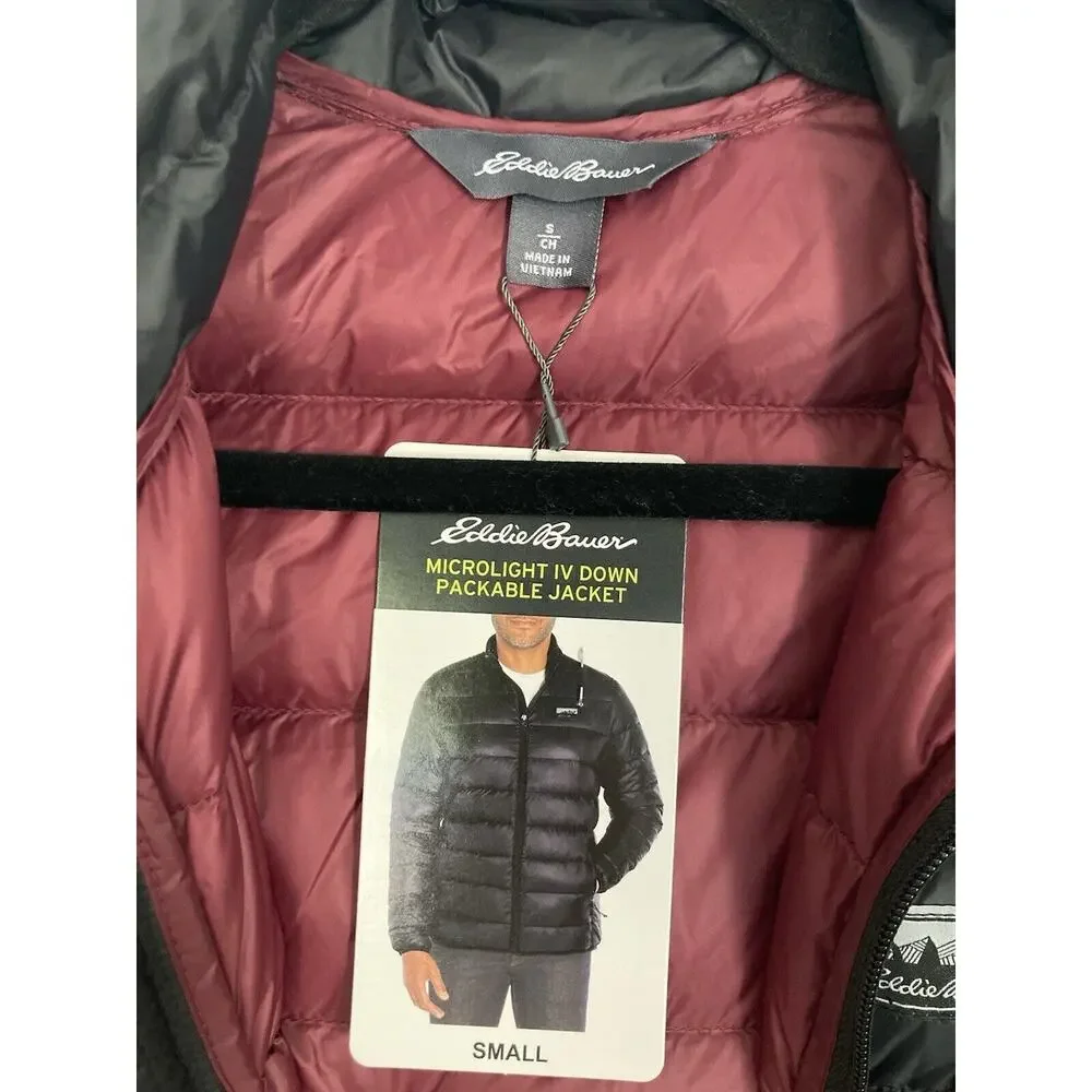 Eddie Bauer Men's Down Packable Jacket Microlight Sizes Small Black 650 Fill NWT